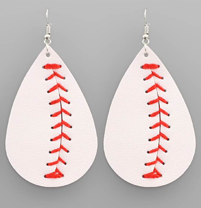 Leather Baseball Teardrop Earrings