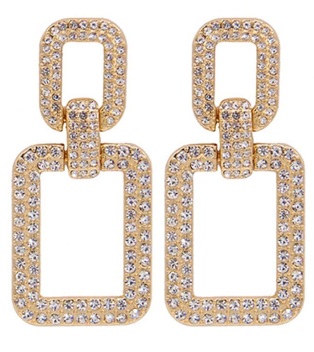 Gold Crystal Link Rectangle Earrings