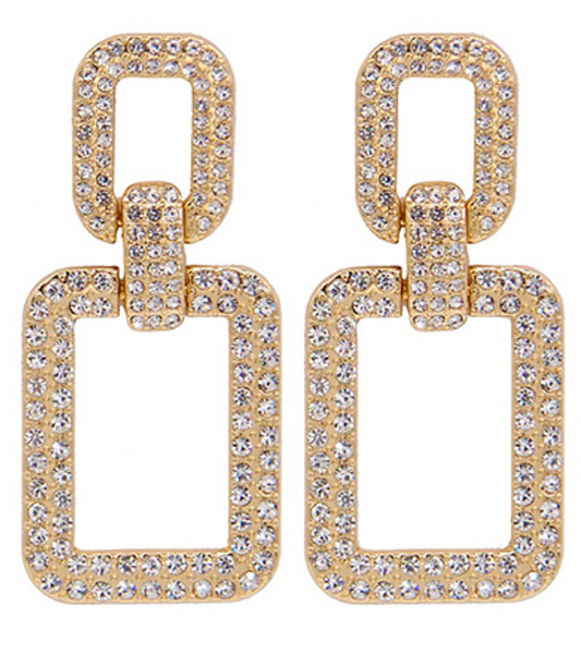 Gold Crystal Link Rectangle Earrings