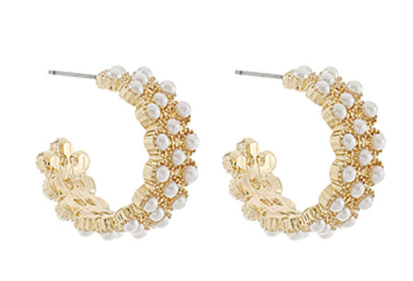 Gold Pave Pearl Hoops