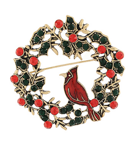 Cardinal Christmas Wreath Brooch