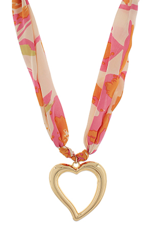 Heart Pendant Pink Scarf Necklace