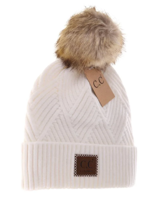 Large Patch Heathered Pom Beanie